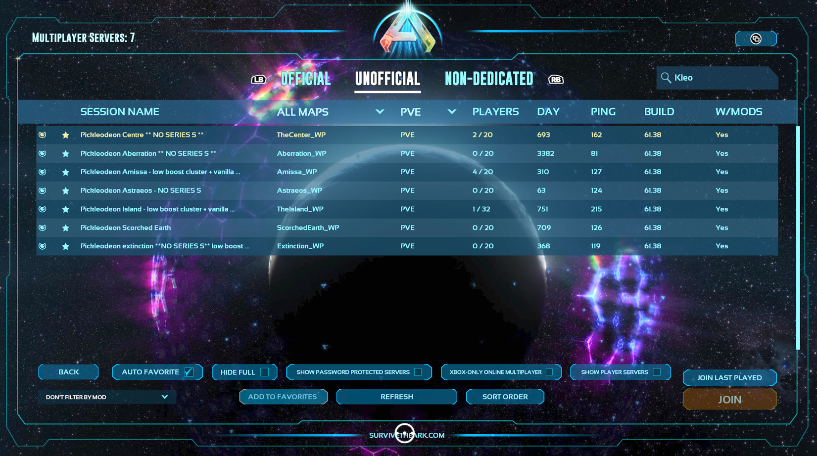 ARK session search settings to find Pickleodeon